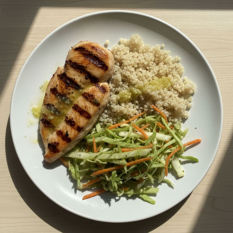 Grilled Chicken Breast with Crunchy Cabbage Slaw and Quinoa