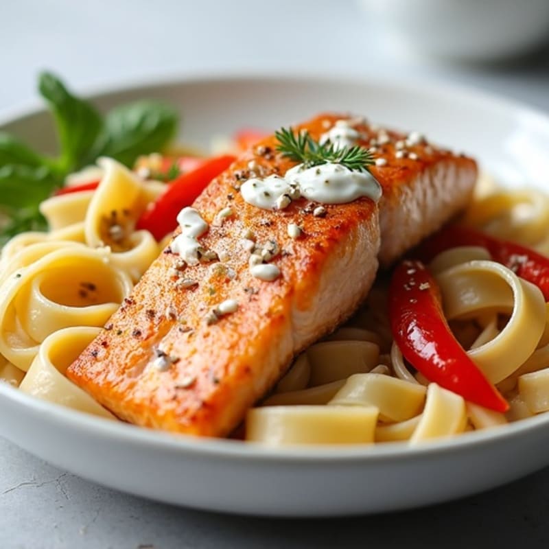 Pan-Seared Salmon with Creamy Garlic Fettuccine and Roasted Bell Peppers