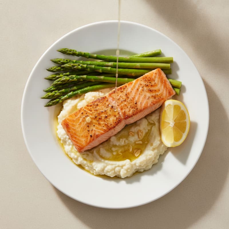 Seared Salmon with Steamed Asparagus and Garlic Cauliflower Mash