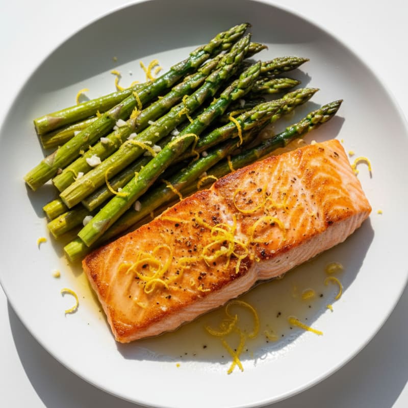 Seared Salmon Fillet with Roasted Asparagus and Lemon Zest