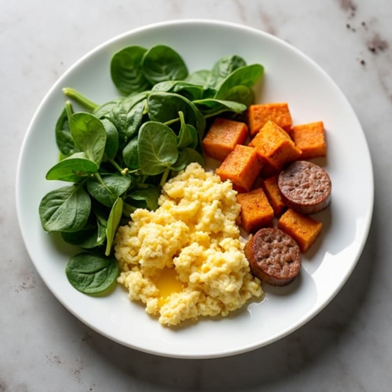 Egg White and Turkey Sausage Scramble with Spinach and Roasted Sweet Potato