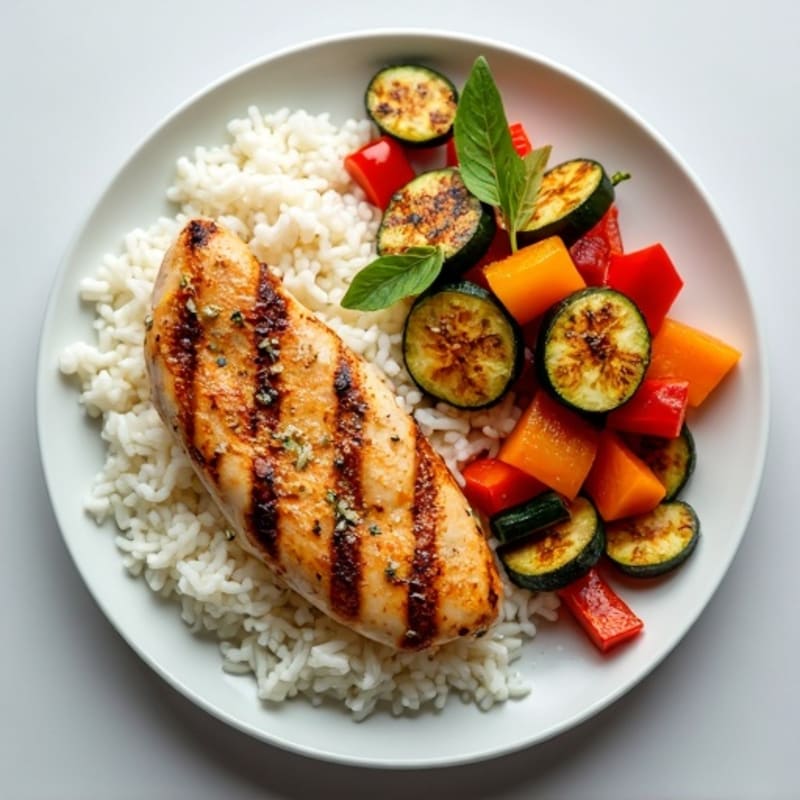 Grilled Chicken Breast with Steamed White Rice and Roasted Vegetables