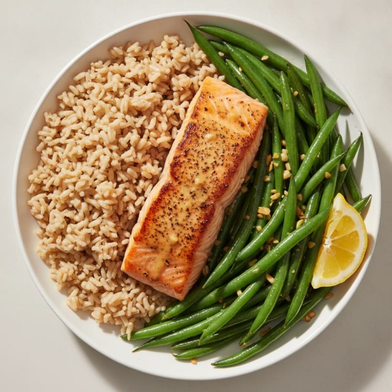 Seared Salmon with Garlic Green Beans and Brown Rice