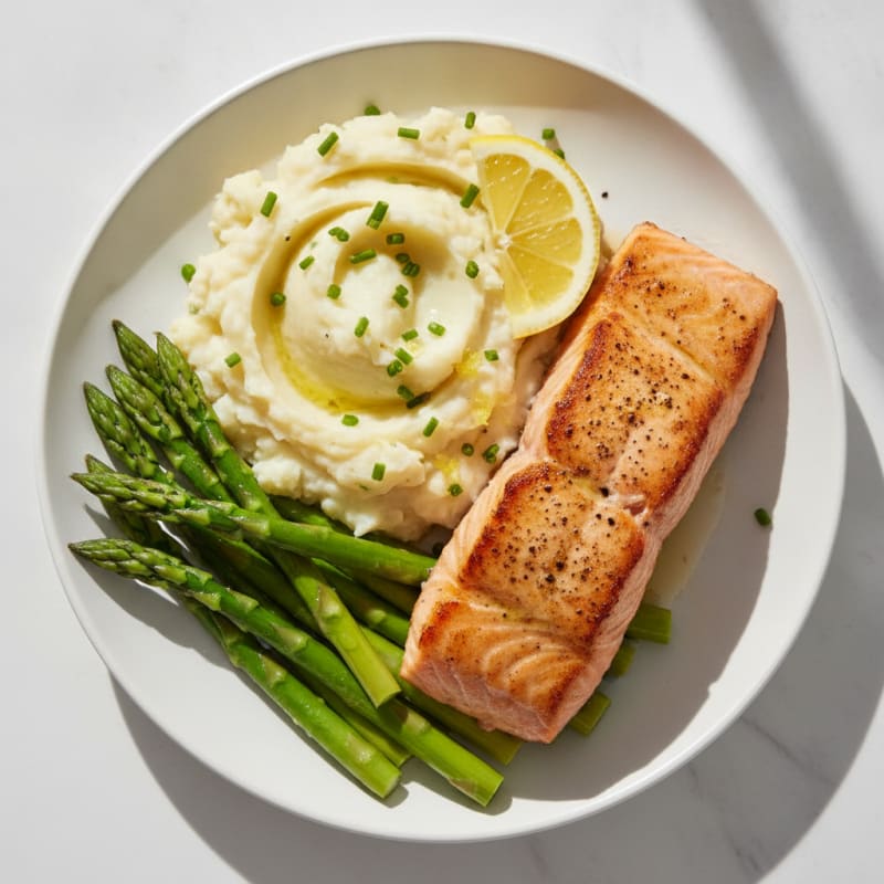 Seared Salmon with Steamed Asparagus and Garlic Mashed Potatoes