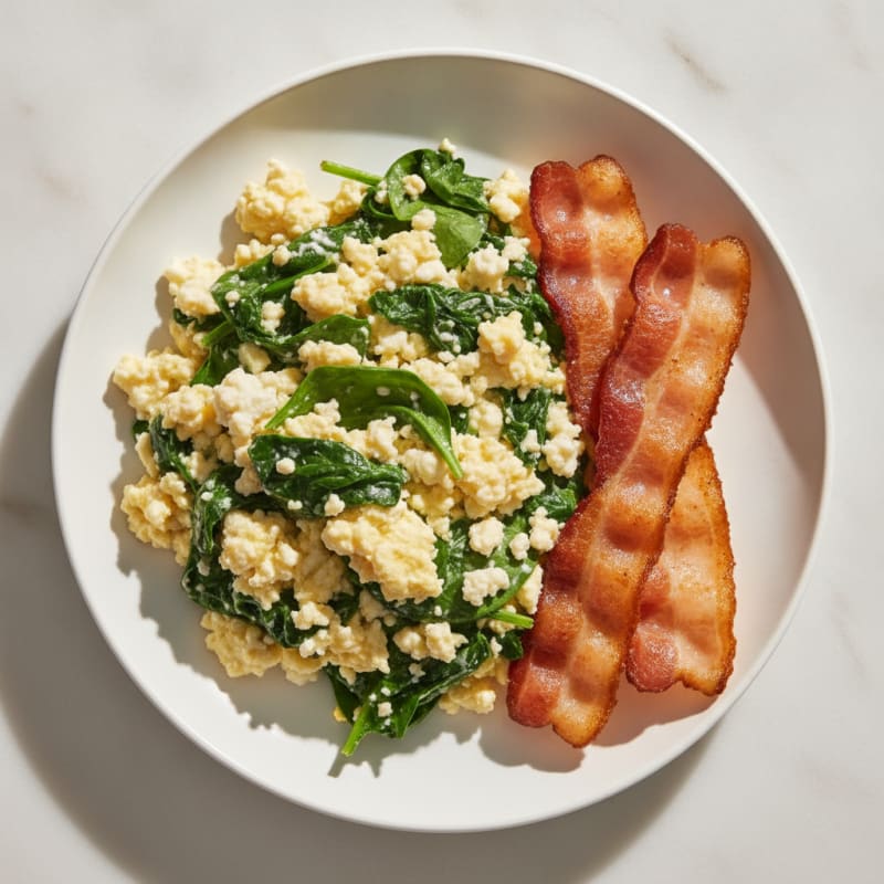 Cottage Cheese Egg Scramble with Spinach and Turkey Bacon