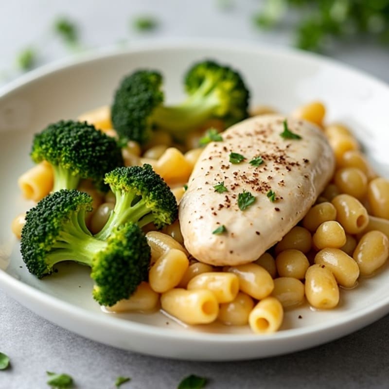 Creamy Garlic Chicken with Chickpea Pasta and Roasted Broccoli