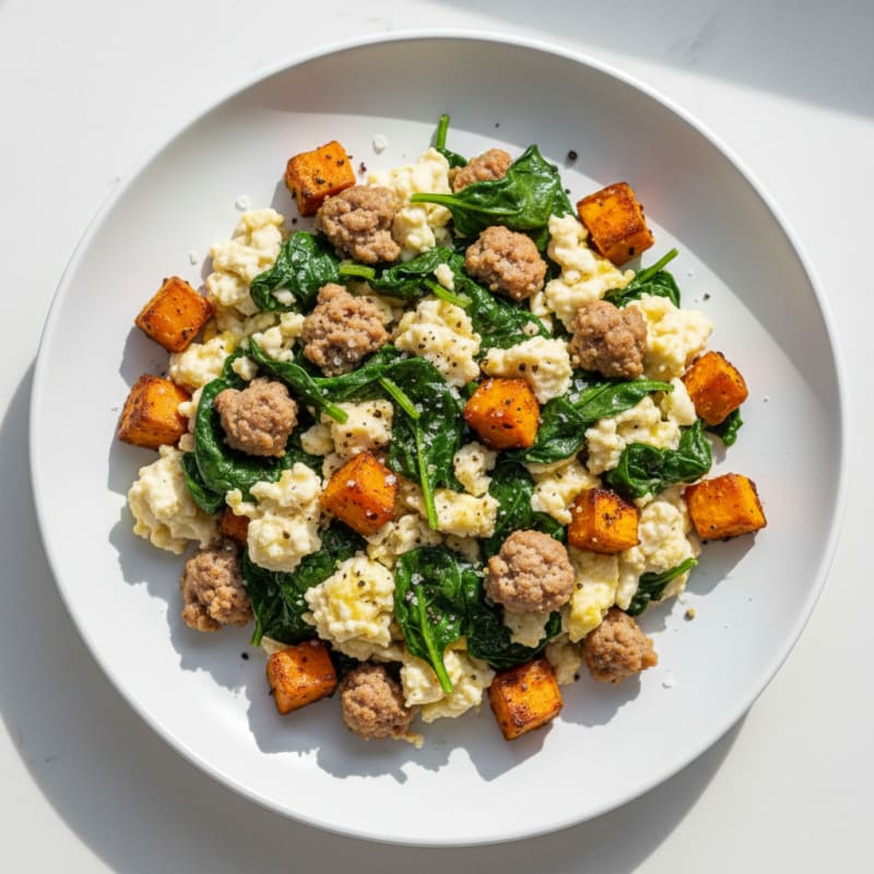 Egg White and Turkey Sausage Scramble with Spinach and Sweet Potato