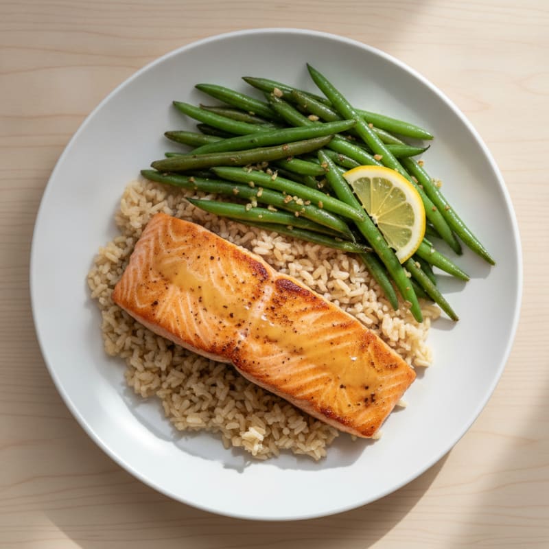 Seared Salmon with Garlic Green Beans and Brown Rice