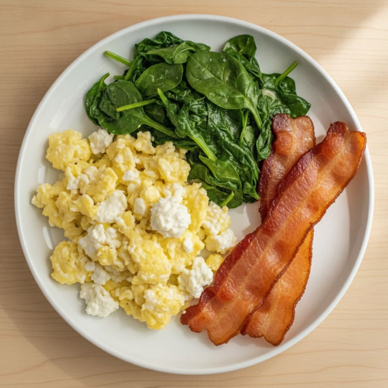 Cottage Cheese Scramble with Sautéed Spinach and Turkey Bacon