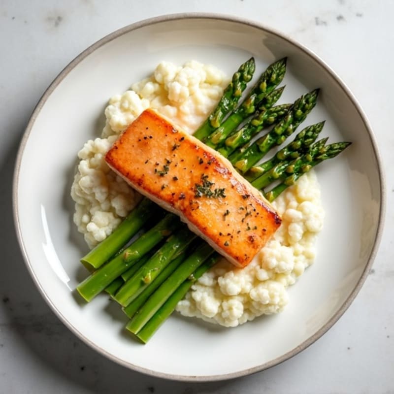 Seared Salmon with Steamed Asparagus and Cauliflower Mash