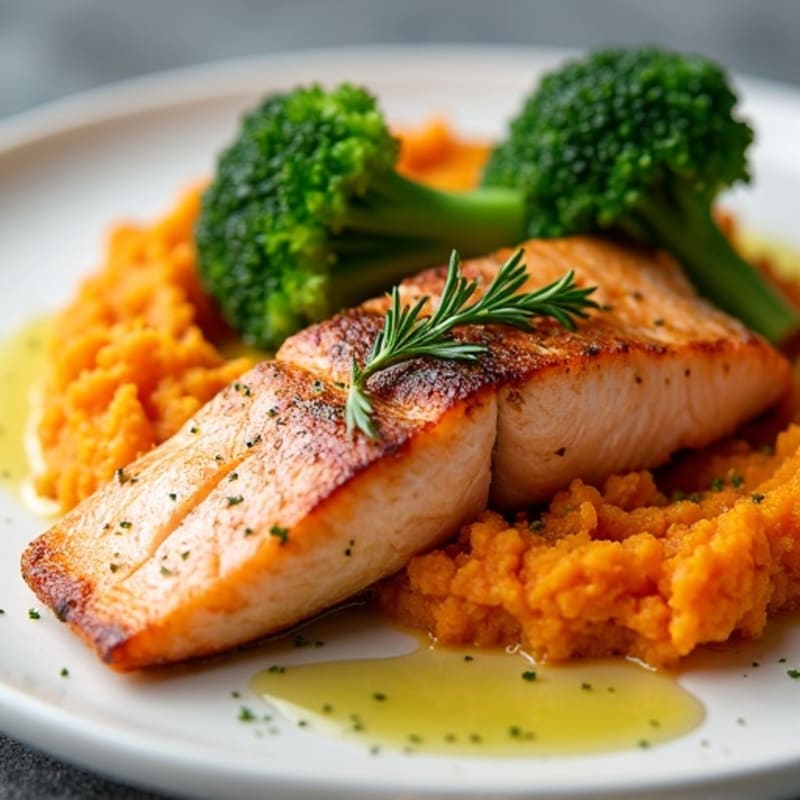 Seared Salmon with Steamed Broccoli and Sweet Potato Mash