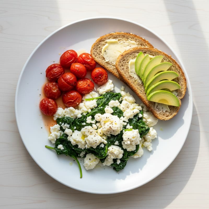 Egg White Spinach Scramble with Cottage Cheese and Cherry Tomatoes
