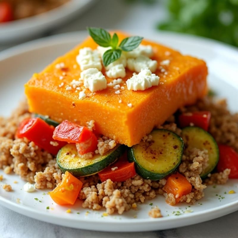 Savory Lean Ground Turkey and Roasted Vegetable Bake with Creamy Sweet Potato Topping