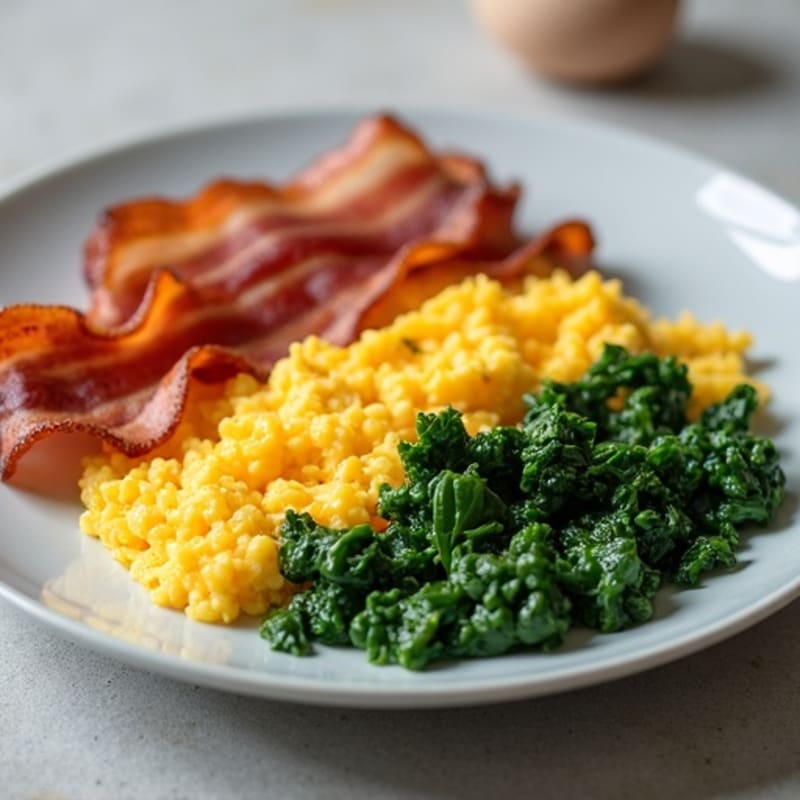 Crispy Bacon and Egg Scramble with Sautéed Spinach