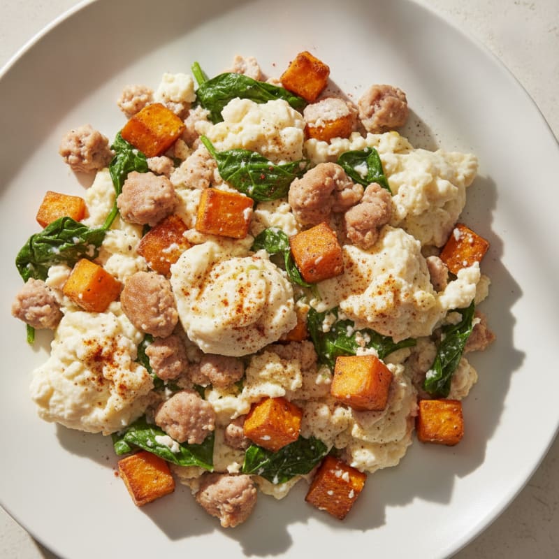 Egg White Scramble with Turkey Sausage and Roasted Sweet Potato