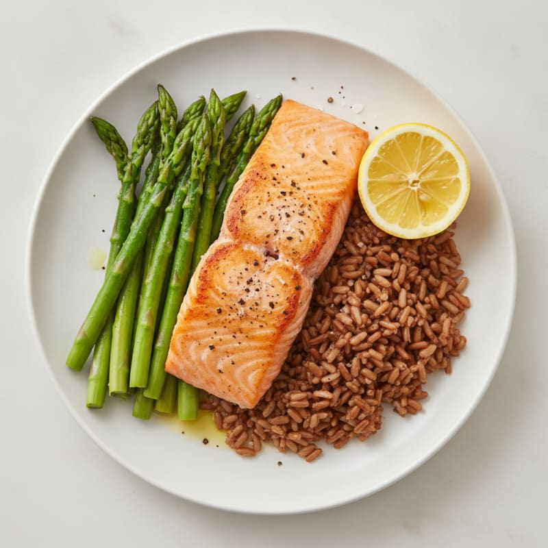 Seared Salmon with Steamed Asparagus and Brown Rice