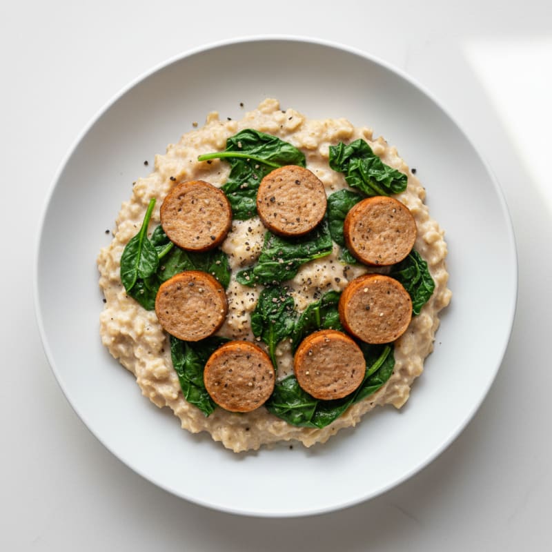 Egg White Oatmeal with Sautéed Spinach and Turkey Sausage
