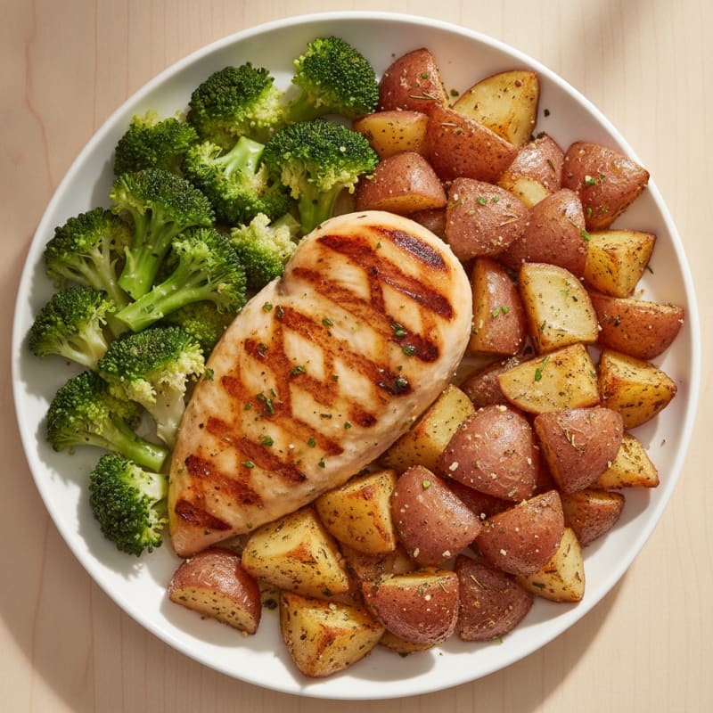 Grilled Chicken Breast with Roasted Potatoes and Steamed Broccoli