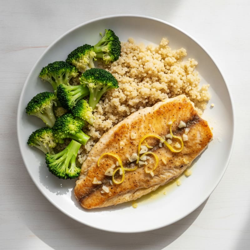 Seared Tilapia with Steamed Broccoli and Quinoa