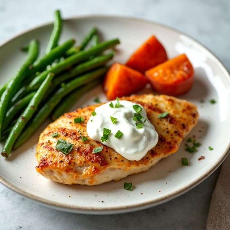 Greek Yogurt Marinated Chicken with Crispy Roasted Sweet Potatoes and Green Beans
