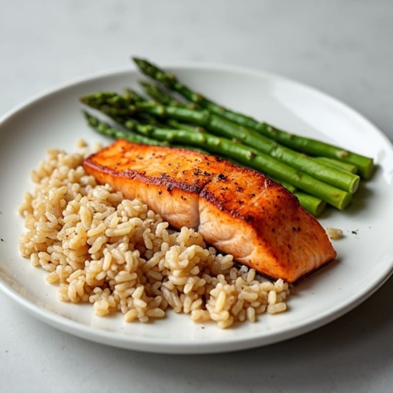 Seared Salmon Fillet with Steamed Asparagus and Brown Rice