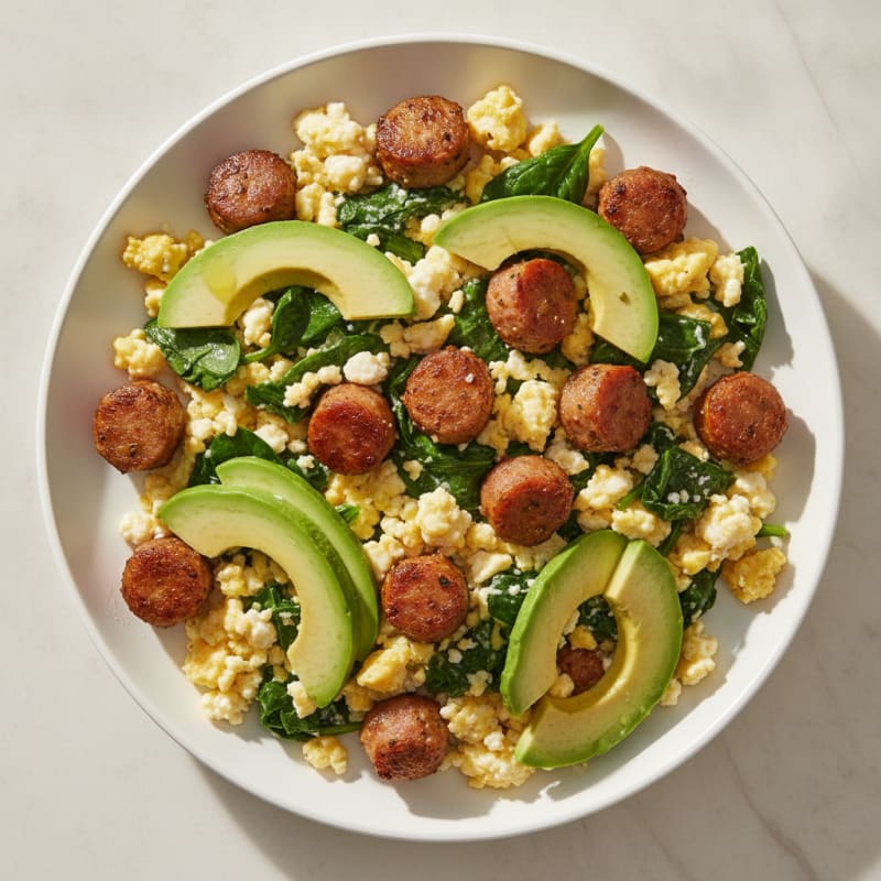 Cottage Cheese Egg Scramble with Spinach and Turkey Sausage