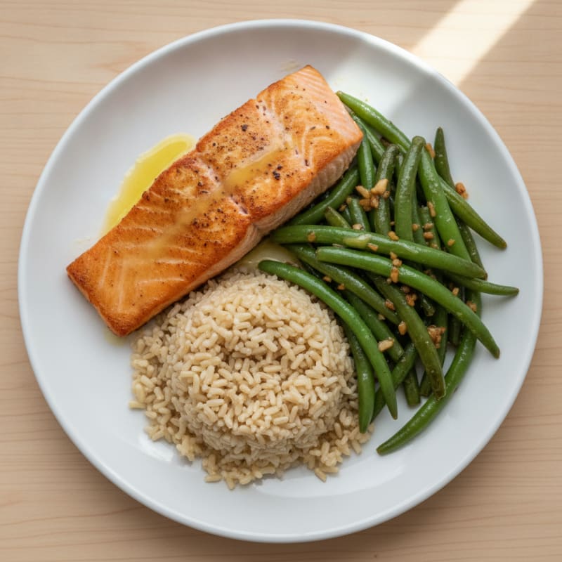 Seared Salmon with Garlic Green Beans and Brown Rice