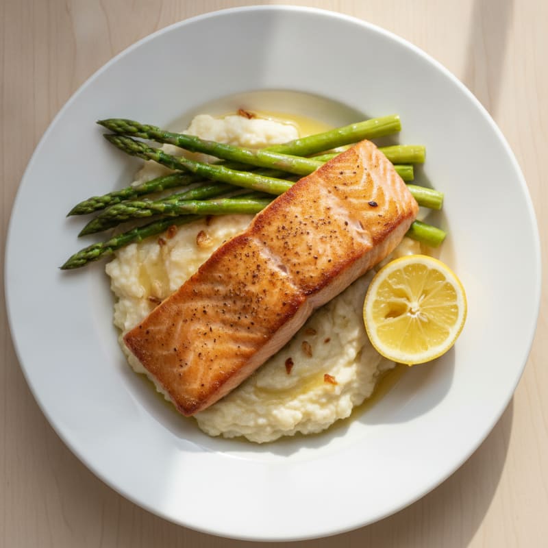 Seared Salmon Fillet with Steamed Asparagus and Garlic Cauliflower Mash
