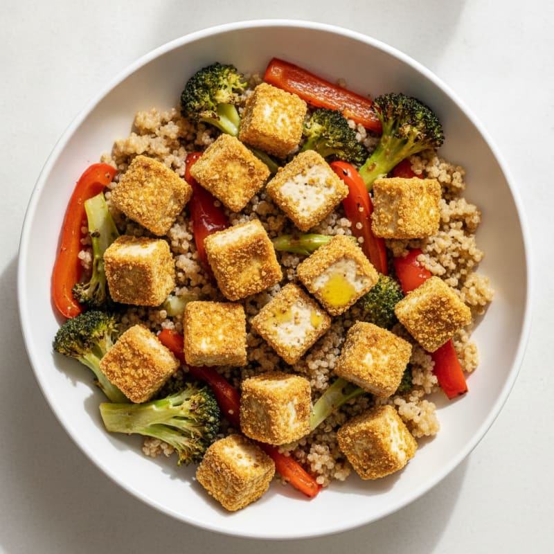 Crispy Tofu and Quinoa Power Bowl with Roasted Vegetables