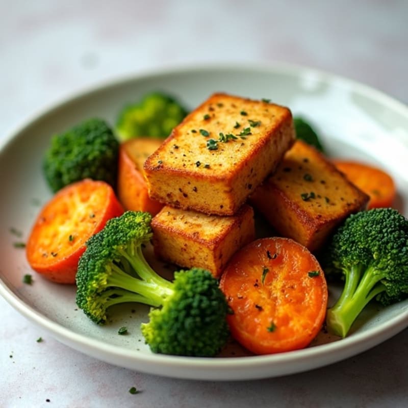 Crispy Tofu with Roasted Broccoli and Sweet Potatoes