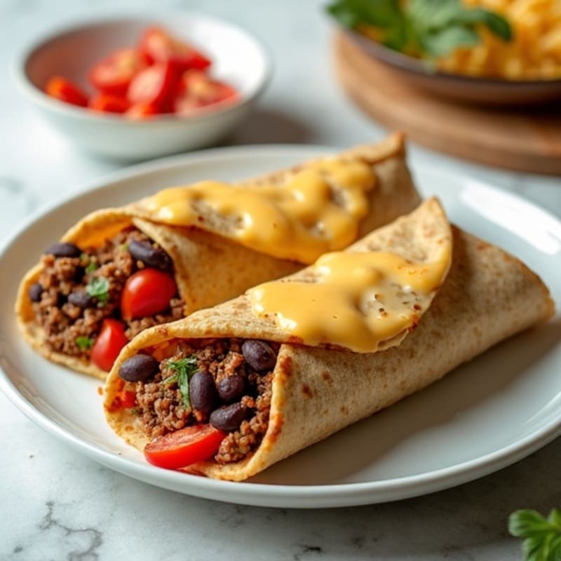 Lean Beef and Black Bean Baked Wraps with Creamy Cheese Sauce