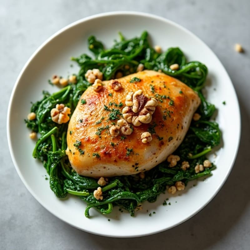Garlic Herb Roasted Chicken with Sautéed Spinach and Walnut Garnish
