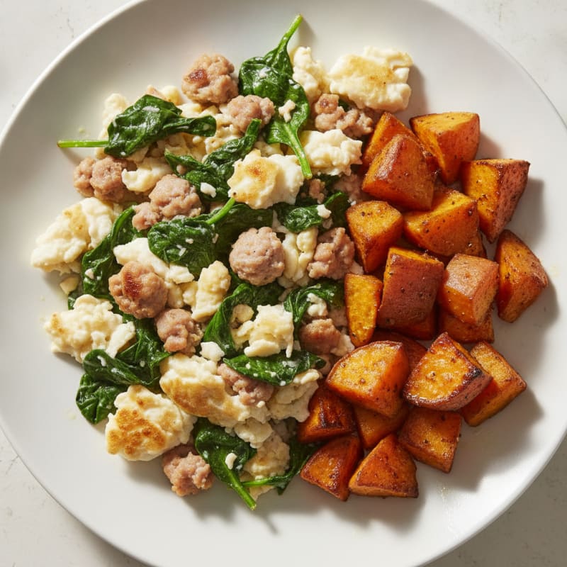 Egg White and Turkey Sausage Scramble with Spinach and Roasted Sweet Potatoes