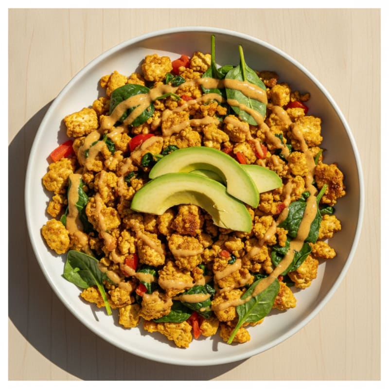 Crispy Tofu Scramble with Spinach and Bell Peppers