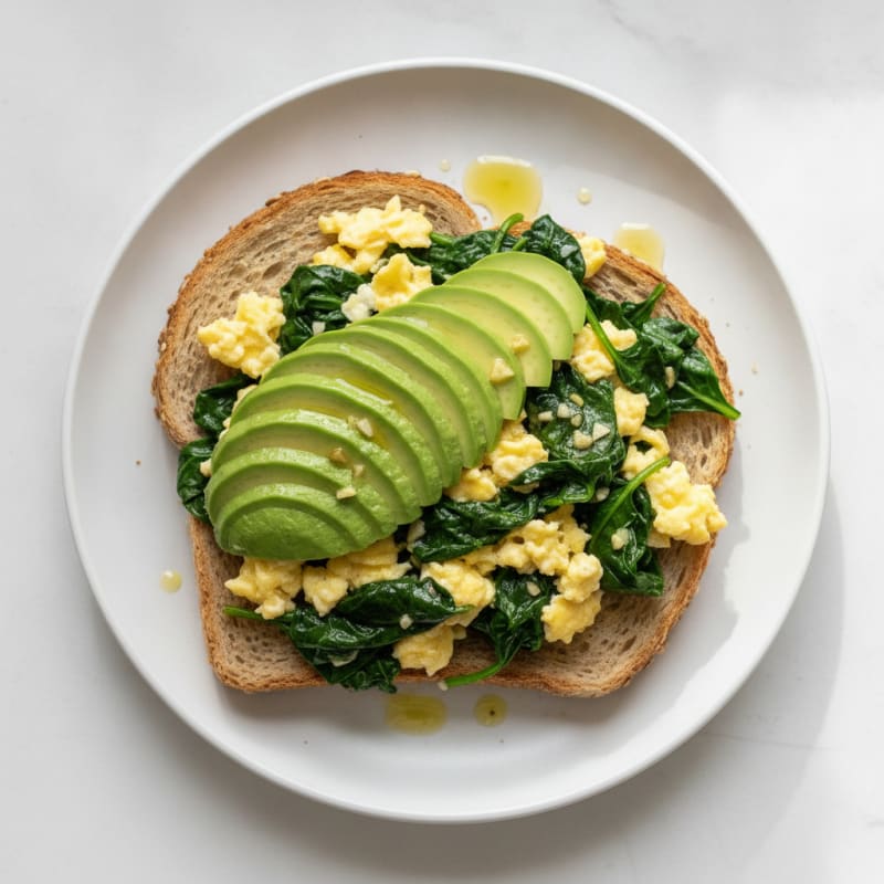 Scrambled Eggs with Sautéed Spinach and Whole Wheat Toast