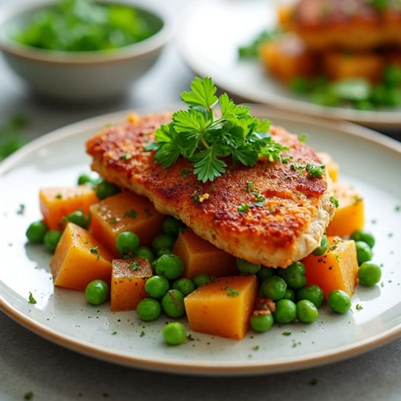 Crispy Spiced Chicken and Pea-Potato Hash with Fresh Cilantro Chutney