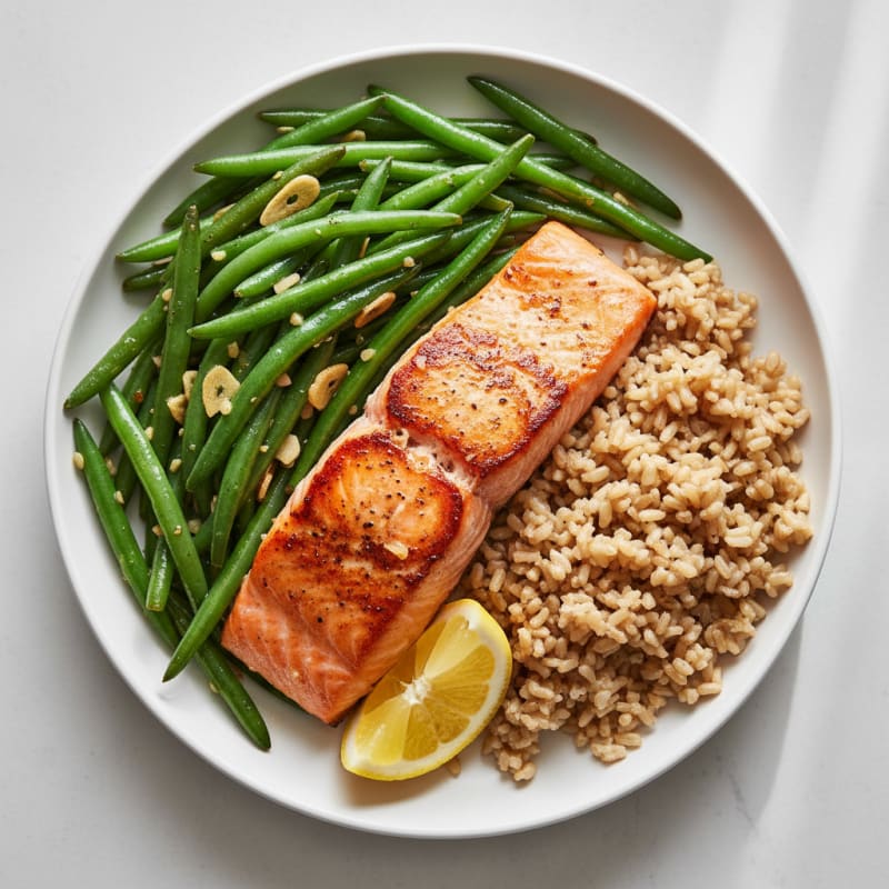 Pan-Seared Salmon with Garlic Green Beans and Brown Rice