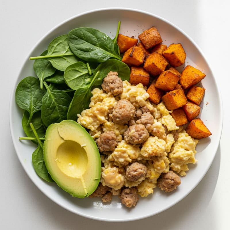 Egg White Scramble with Turkey Sausage and Roasted Sweet Potatoes