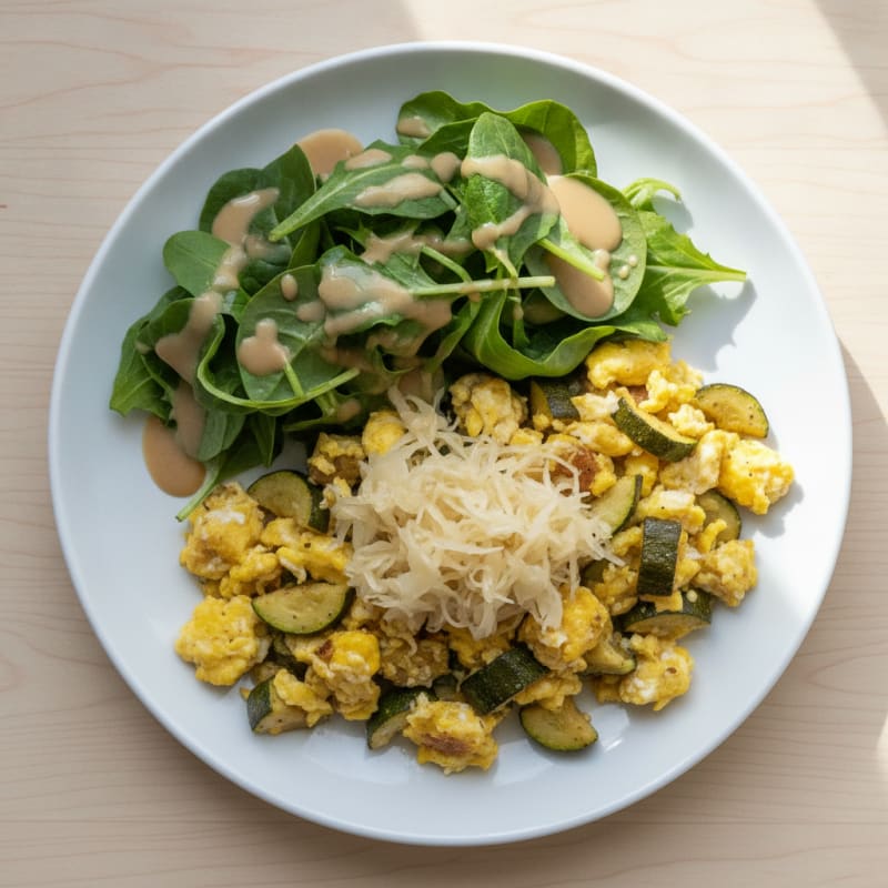 Egg and Zucchini Scramble with Spring Mix Salad