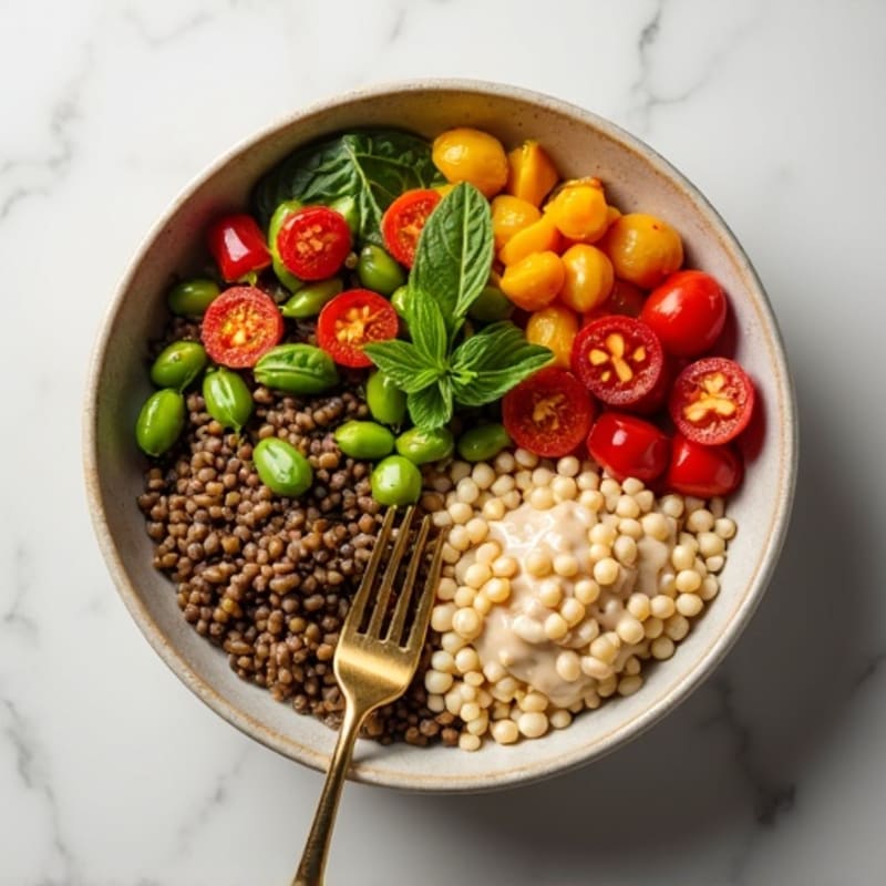 Hearty Lentil and Roasted Vegetable Bowl with Creamy Tahini