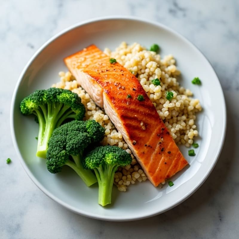 Seared Salmon with Steamed Broccoli and Quinoa