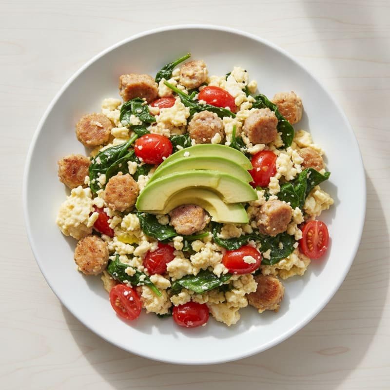 Egg White and Turkey Sausage Scramble with Spinach and Tomatoes