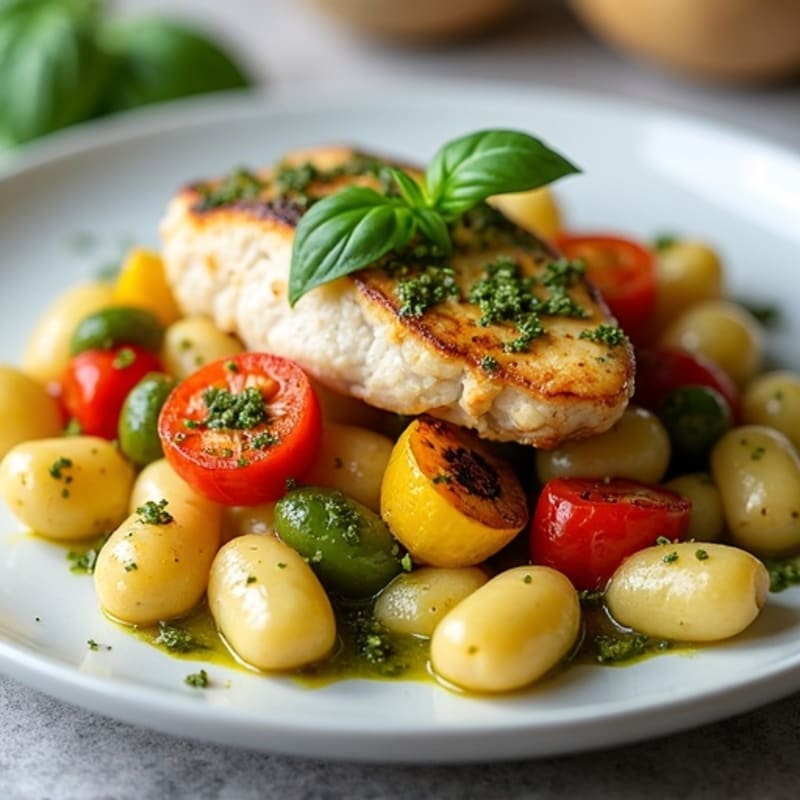 Pan-Seared Chicken and Roasted Vegetable Gnocchi with Basil Pesto