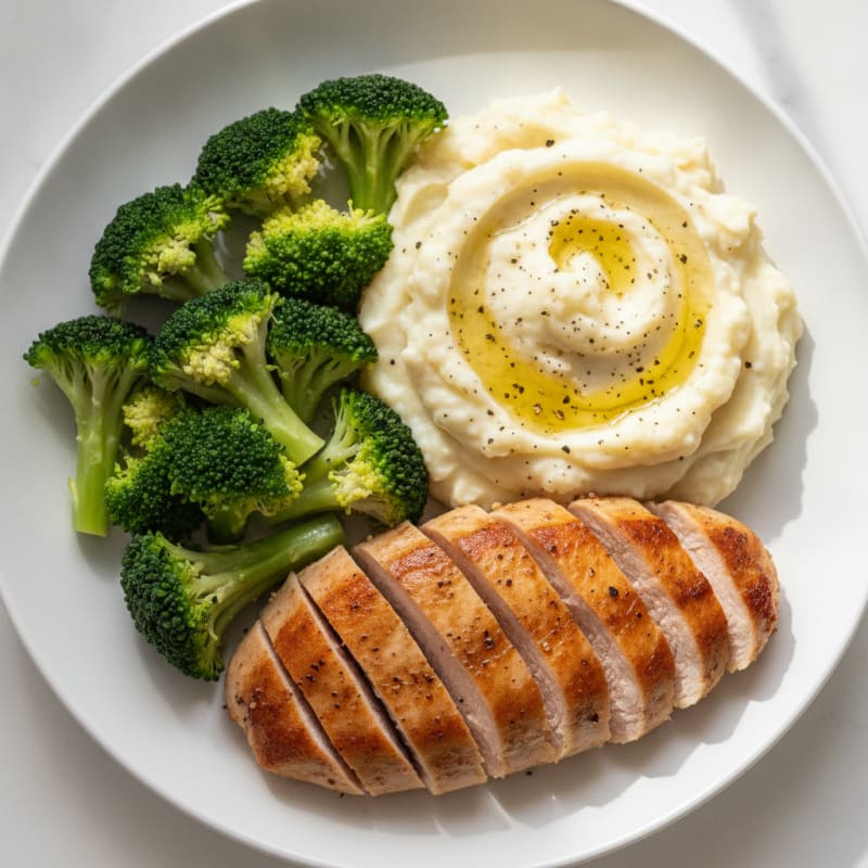 Seared Turkey Breast with Creamy Mashed Potatoes and Steamed Broccoli