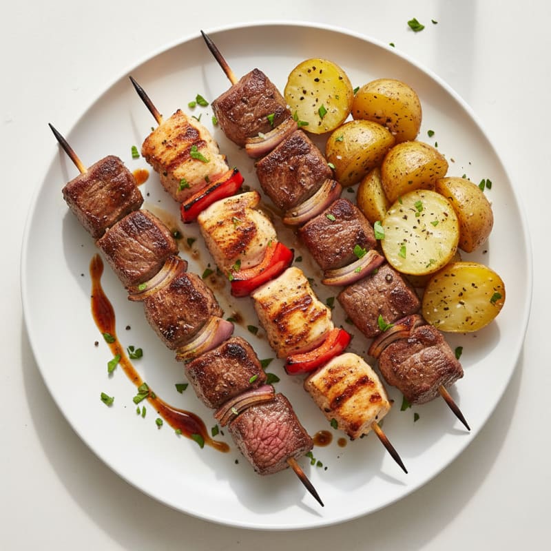Tender Beef and Chicken Skewers with Roasted Potatoes