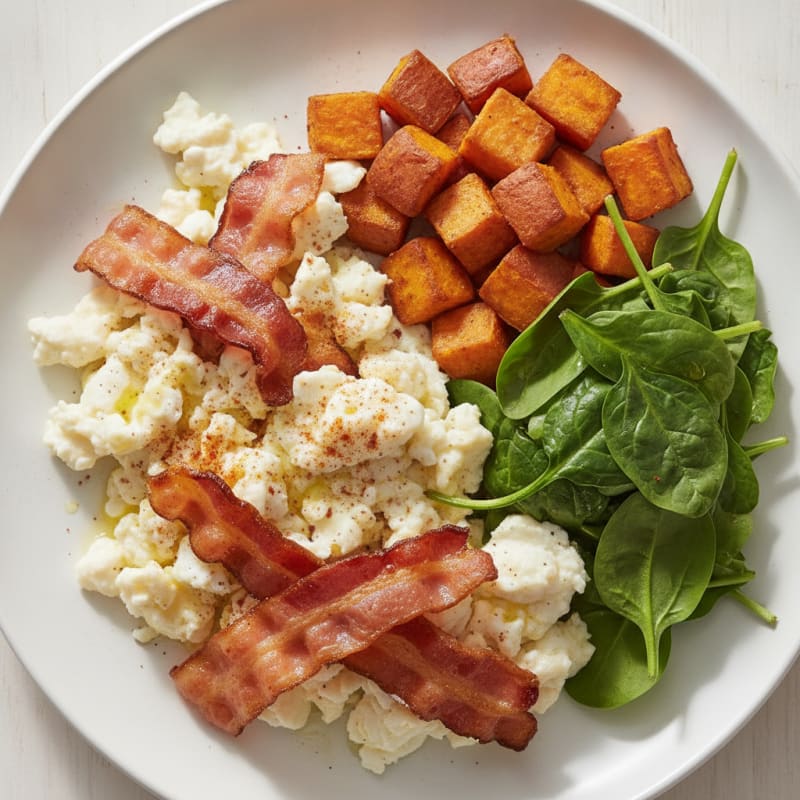 Crispy Turkey Bacon and Egg White Scramble with Roasted Sweet Potato