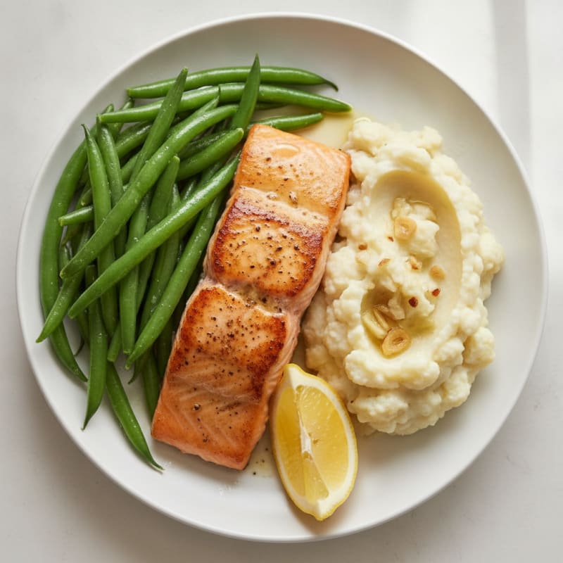 Seared Salmon with Steamed Green Beans and Garlic Mashed Cauliflower