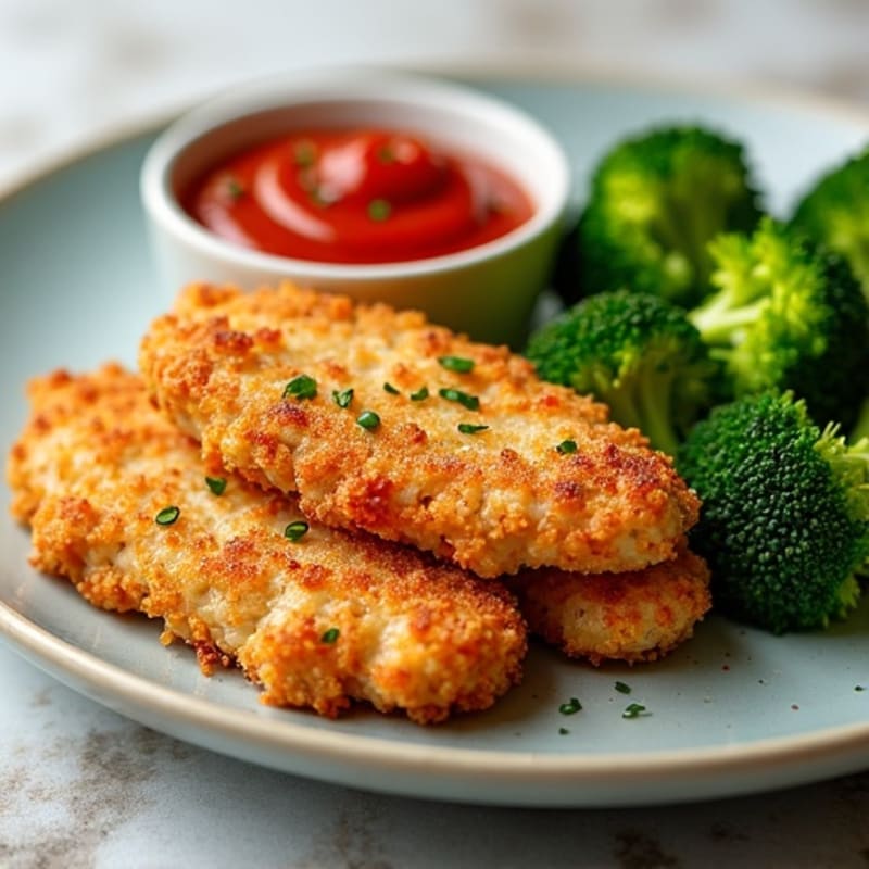 Crispy Parmesan Chicken Strips with Fresh Marinara and Steamed Broccoli
