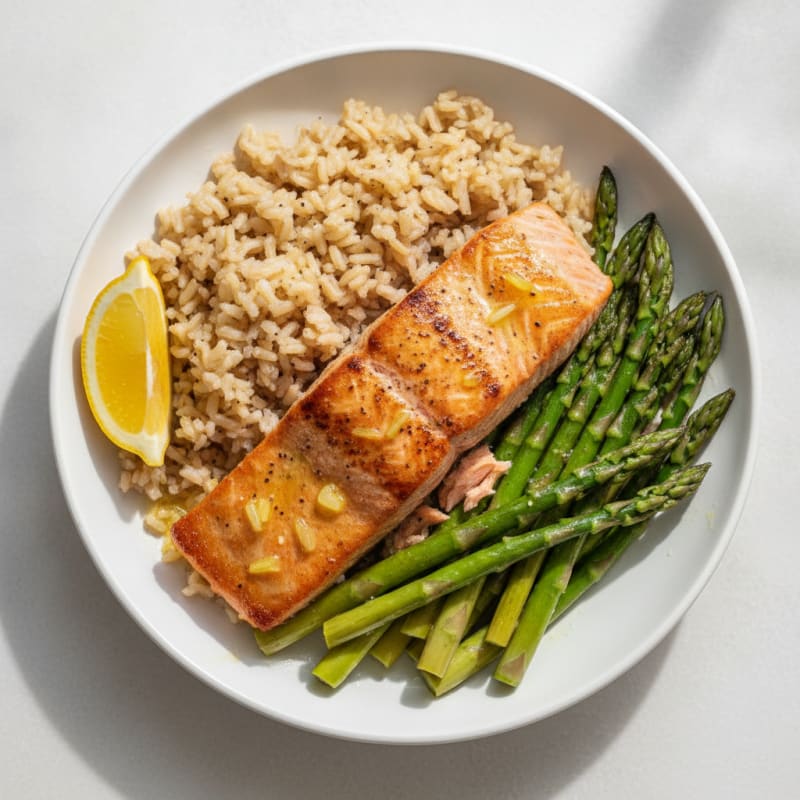 Seared Salmon with Steamed Asparagus and Brown Rice