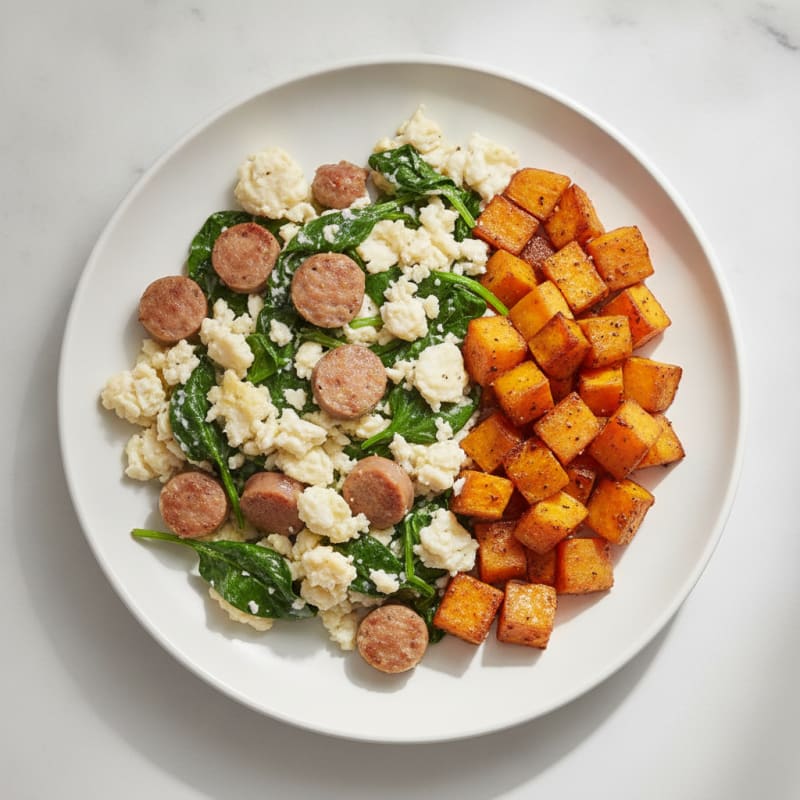Egg White and Turkey Sausage Scramble with Spinach and Roasted Sweet Potato